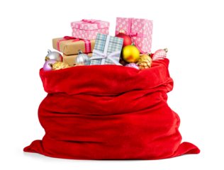 Red Santa sack with colorful presents and Christmas ornaments, PNG with transparent background, festive holiday element for seasonal design, celebration and New Year joy