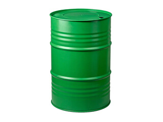 Green metal industrial storage barrel isolated on white background, commonly used for oil, chemicals, or fuel containment in commercial and industrial settings.