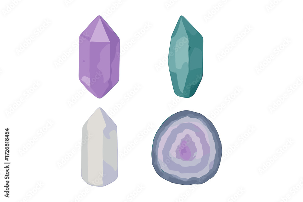Poster colorful crystals in various shapes and sizes displayed on a plain background