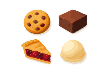 Delicious dessert assortment featuring cookie, brownie, pie, and ice cream on a clean white background