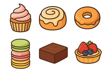 Colorful dessert collection featuring cupcakes, donuts, macarons, brownies, and fruit tarts in a playful style