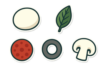 Various pizza ingredients including dough, tomato, cheese, mushrooms, and basil leaf on a simple background for culinary inspiration