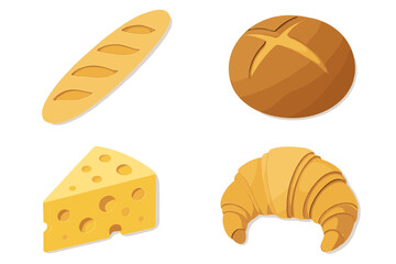 Colorful assortment of bread and cheese displayed on a white background for food lovers