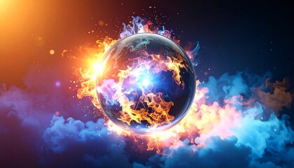Obraz premium Burning Planet with Fiery Energy Burst in Space Illustration