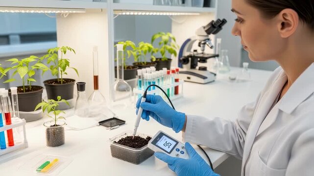Lab technician measuring soil pH levels with digital meter to ensure optimal acidity for healthy plant growth in controlled environment