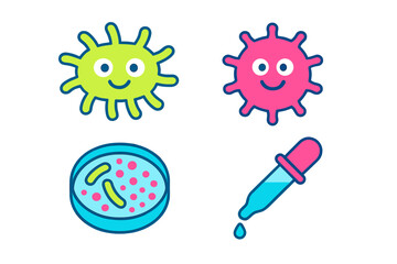 Colorful cartoon bacteria and petri dish with dropper showcase fun learning about microbiology and germs