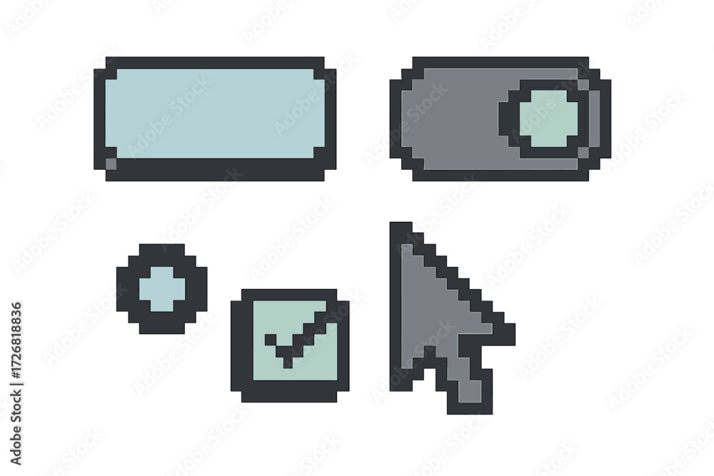 Aufkleber variety of pixel art ui elements for digital interface design showcasing buttons, switches, and a cu