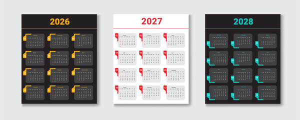 Three vertical calendar designs for the years 2026 2027 and 2028
