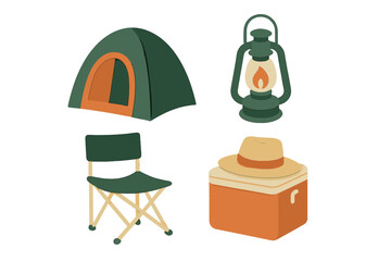 Camping gear including a tent, lantern, cooler, and folding chair for outdoor adventures and relaxation