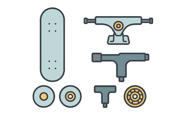 Skateboard assembly components laid out for easy building and customization in a creative workspace