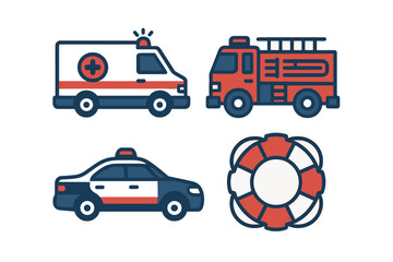 Emergency services icons including an ambulance, fire truck, police car, and lifebuoy illustration on a simple background © icon_art