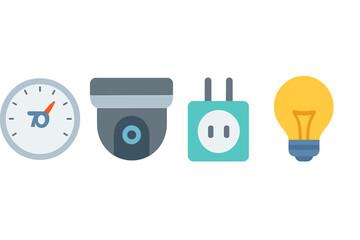 Icons representing speed, surveillance, power, and lighting for smart home technology