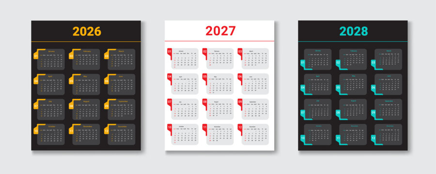 Three vertical calendar designs for the years 2026 2027 and 2028