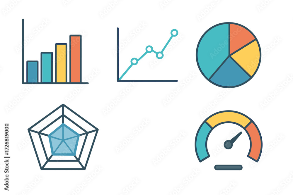 Aufkleber graphs and charts display data analysis in a modern and colorful style for presentations and reports