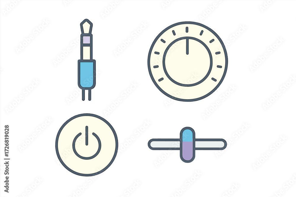 Poster set of modern electronic icons including a toggle switch, volume knob, and other controls for user i
