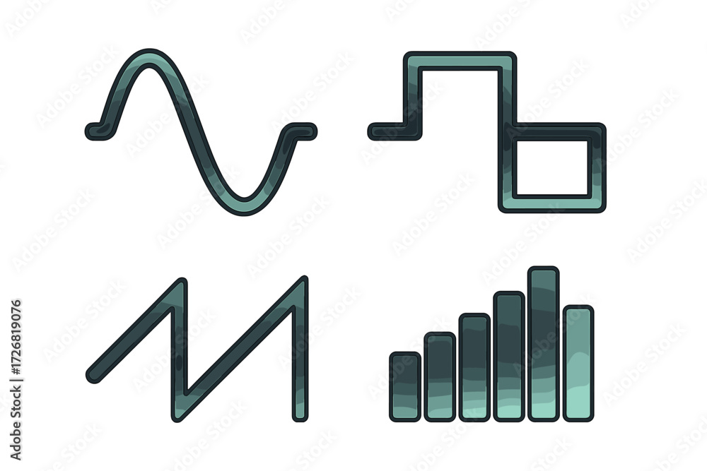 Poster graphical representations of data trends and patterns in various styles and shapes displayed on a cl