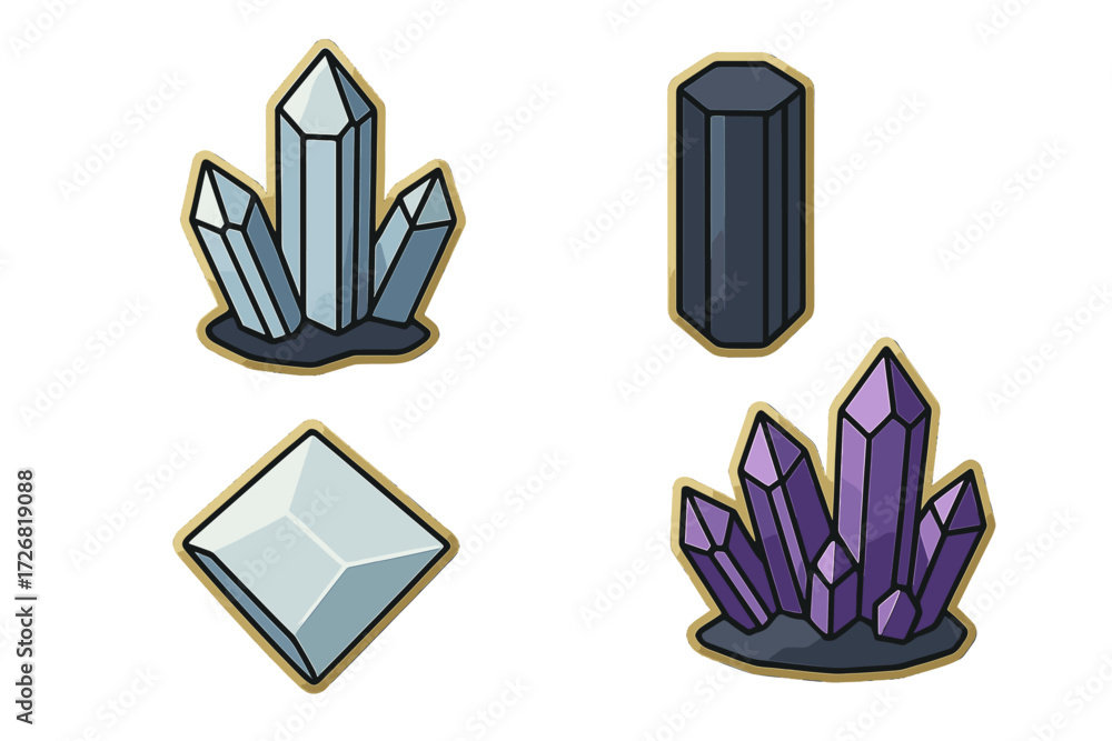 Poster colorful collection of crystals displayed on a simple white background showcasing their unique shape