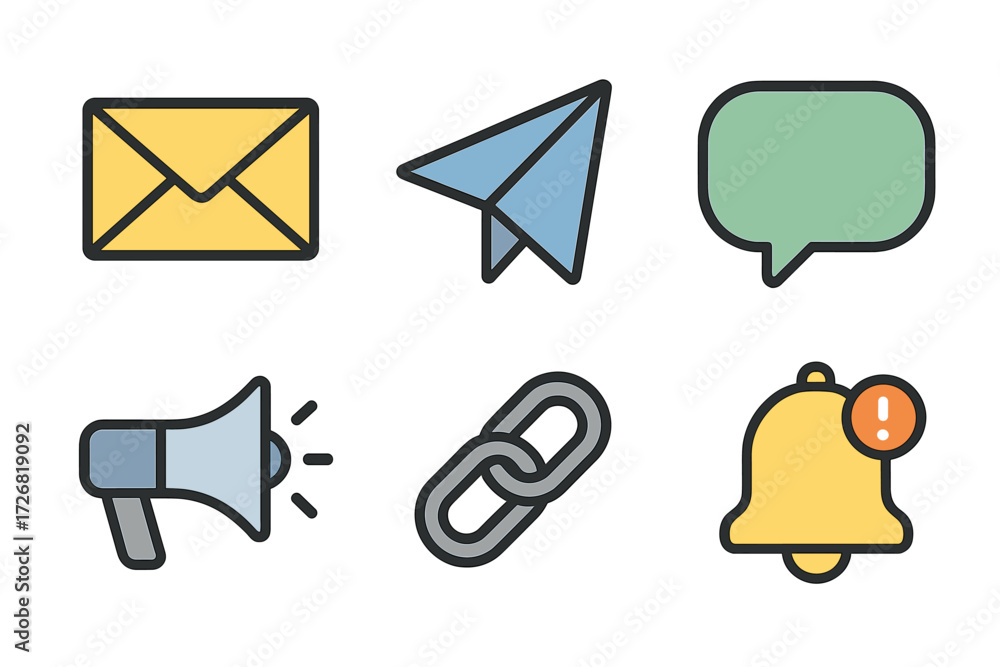 Poster communication icons showcasing email, messaging, sharing, and notifications in a simple design