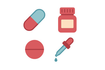 Various healthcare products including capsules, tablets, a medicine bottle, and a dropper on a white background