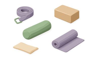 Yoga equipment display including mat, block, strap, bolster, and cushion for a serene workout space