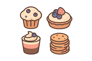 Colorful collection of baked desserts including cupcakes and cookies arranged in a playful design