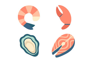 Fresh seafood selection featuring shrimp, crab, oyster, and salmon on a simple background