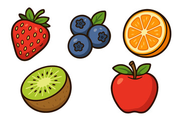 Colorful fruit illustrations showcasing a variety of fresh fruit including strawberries, blueberries, oranges, and apples