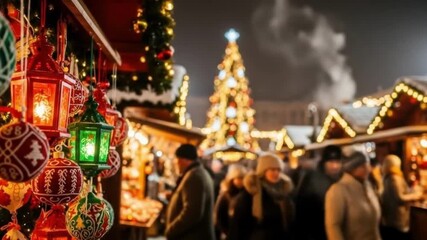 Festive christmas market scene with decorated stalls and a towering tree at night - Powered by Adobe