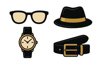 Stylish accessories featuring sunglasses, hat, watch, and belt suitable for a modern look in casual or formal settings