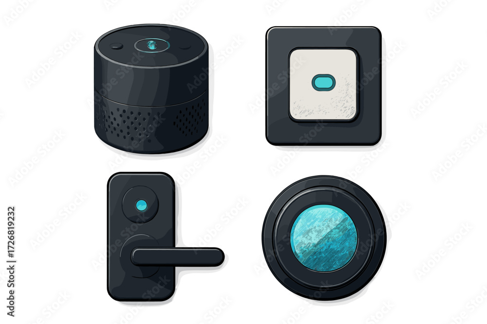 Poster different types of smart home devices displayed in a flat lay arrangement