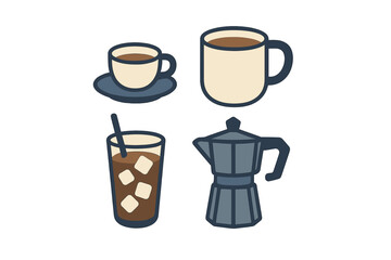 Various coffee cups and a coffee maker showing different coffee styles for morning enjoyment