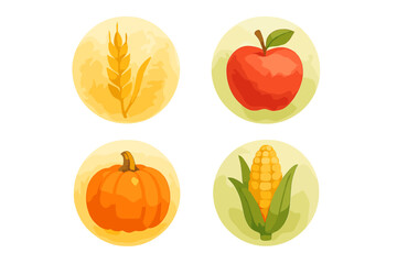 Fresh harvest symbols featuring wheat, apple, pumpkin, and corn in vibrant colors