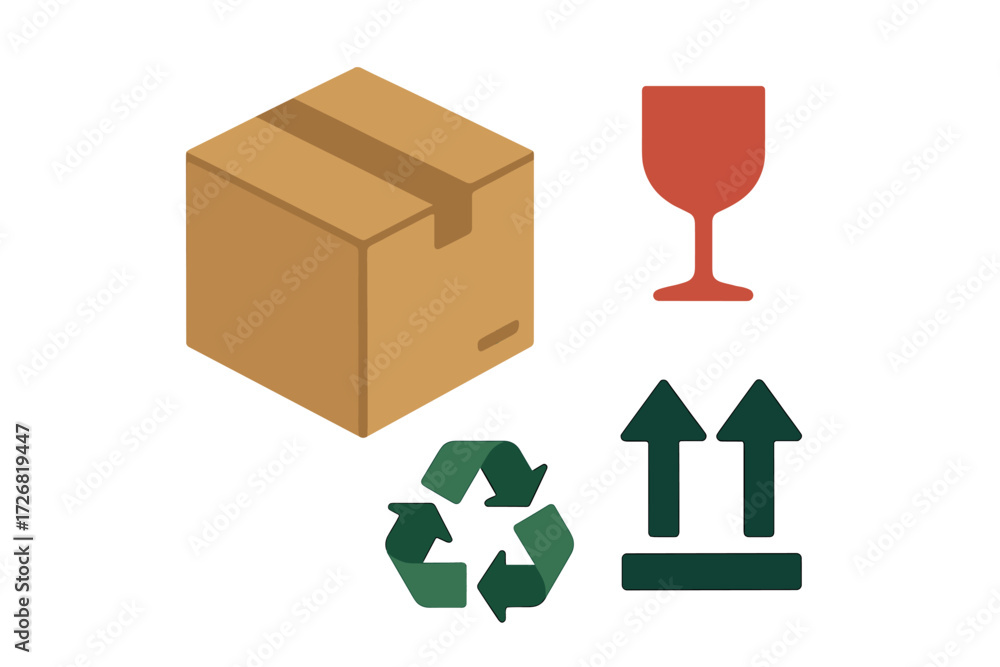 Poster cardboard box with recycling graphics and fragile symbol representing safe packaging practices