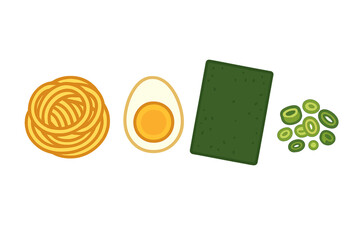 Noodle, egg, seaweed, and garnish arranged for a simple yet delicious meal preparation