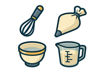 Kitchen tools for baking and cooking displayed in a simple layout for easy reference in recipe preparation