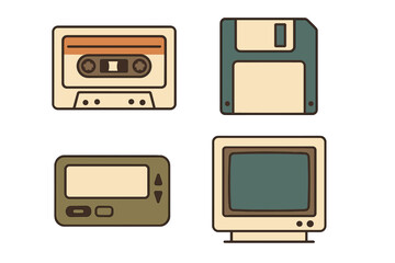 Classic technology icons highlighting cassette tapes, floppy disks, handheld devices, and old computer monitors from the retro era of electronics