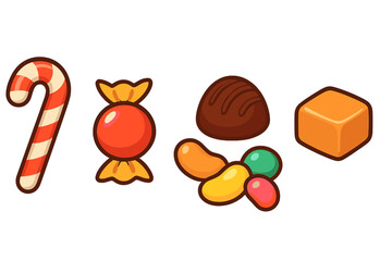 Colorful assortment of candies including a candy cane, lollipop, chocolate, jelly beans, and caramel cube on white background