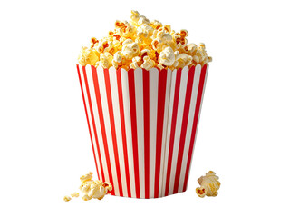 Fresh popcorn in striped box creates classic cinema snack vibe, perfect for movie nights, parties, or entertainment events.
