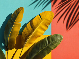 Overhead shot of tropical banana leaves and palm fronds placed on bold color blocked background with crisp shadows realistic photography