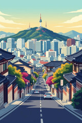 Obraz premium Vibrant Seoul street scene featuring traditional architecture and modern skyline, conveying a sense of culture and progress in a bustling Asian city