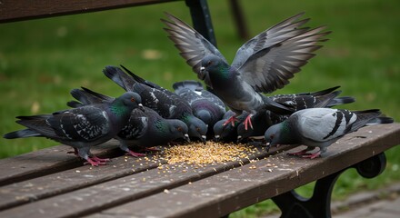 Obraz premium Pigeons Feeding on Park Wooden Bench in Green Outdoors Scene