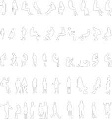 Big set of vector or png silhouettes of people in various poses, including sitting, leaning, walking, running, and engaging in daily activities. Perfect for use in architectural designs.line art style © Marta