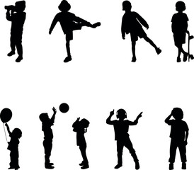 Set of 8 children silhouettes - walking, reading, relaxing in casual street poses.