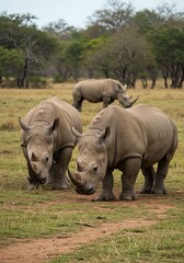 Obraz premium Group of Young Rhinos Grazing in Savannah with Trees in Background