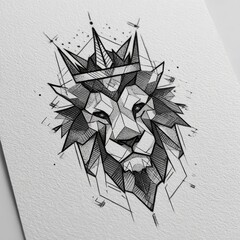 Geometric lion portrait, featuring a crown, detailed in intricate, textured lines and dots.