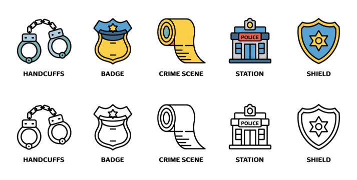 law enforcement icon set with handcuffs, badge, crime scene tape, station and shield symbols, vector illustrations for police and security services