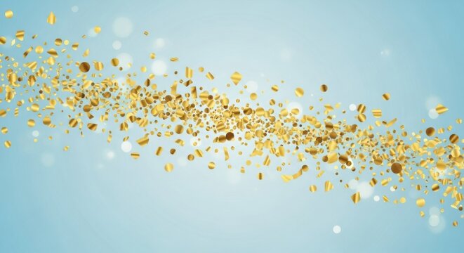 Luxury celebration background with a swirling stream of golden confetti and glitter particles flowing across a soft light blue backdrop with bokeh.