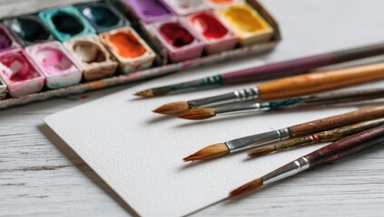 Obraz premium Watercolor paints and brushes on a white wooden surface