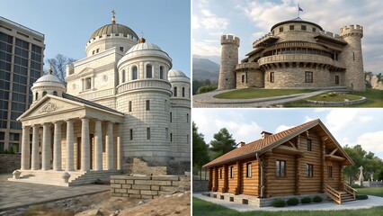 Four diverse architectural renders showcasing variations in style, from classical Greco-Roman to rustic wooden structures, all rendered in a blocky, pixelated aesthetic on AI Generated

