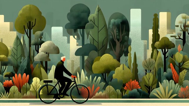 Flat vector illustration of a cyclist riding along a green urban park path with trees and skyline in background for lifestyle or environmental campaigns. - Powered by Adobe